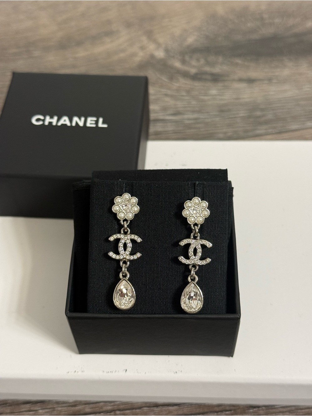 Chanel Pearl Crystal CC Flower Tear Drop Silver Dangle Earrings